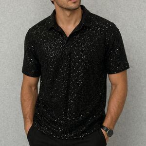 NWT URRU Black Sequin Pullover Shirt Mens Small Short Sleeve Clubwear